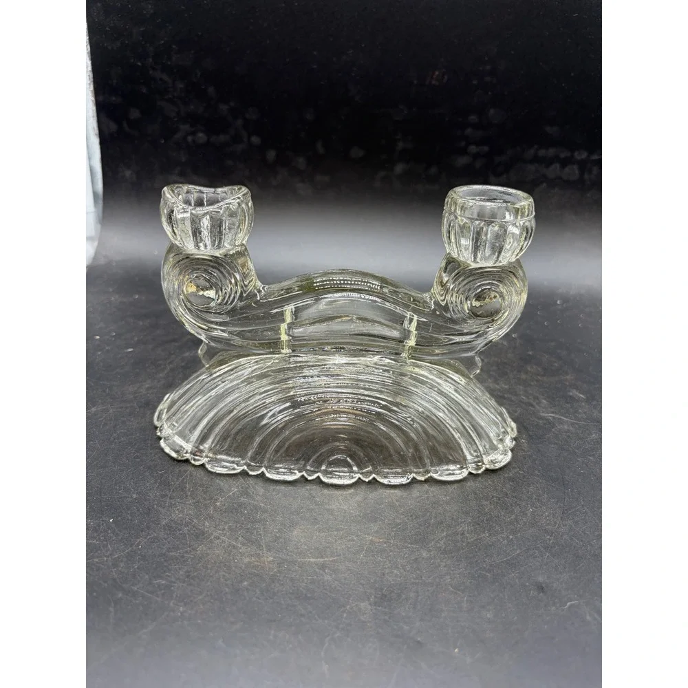 Vintage Art Deco Clear Pressed Glass Double Taper Candle Holder Scroll Shell